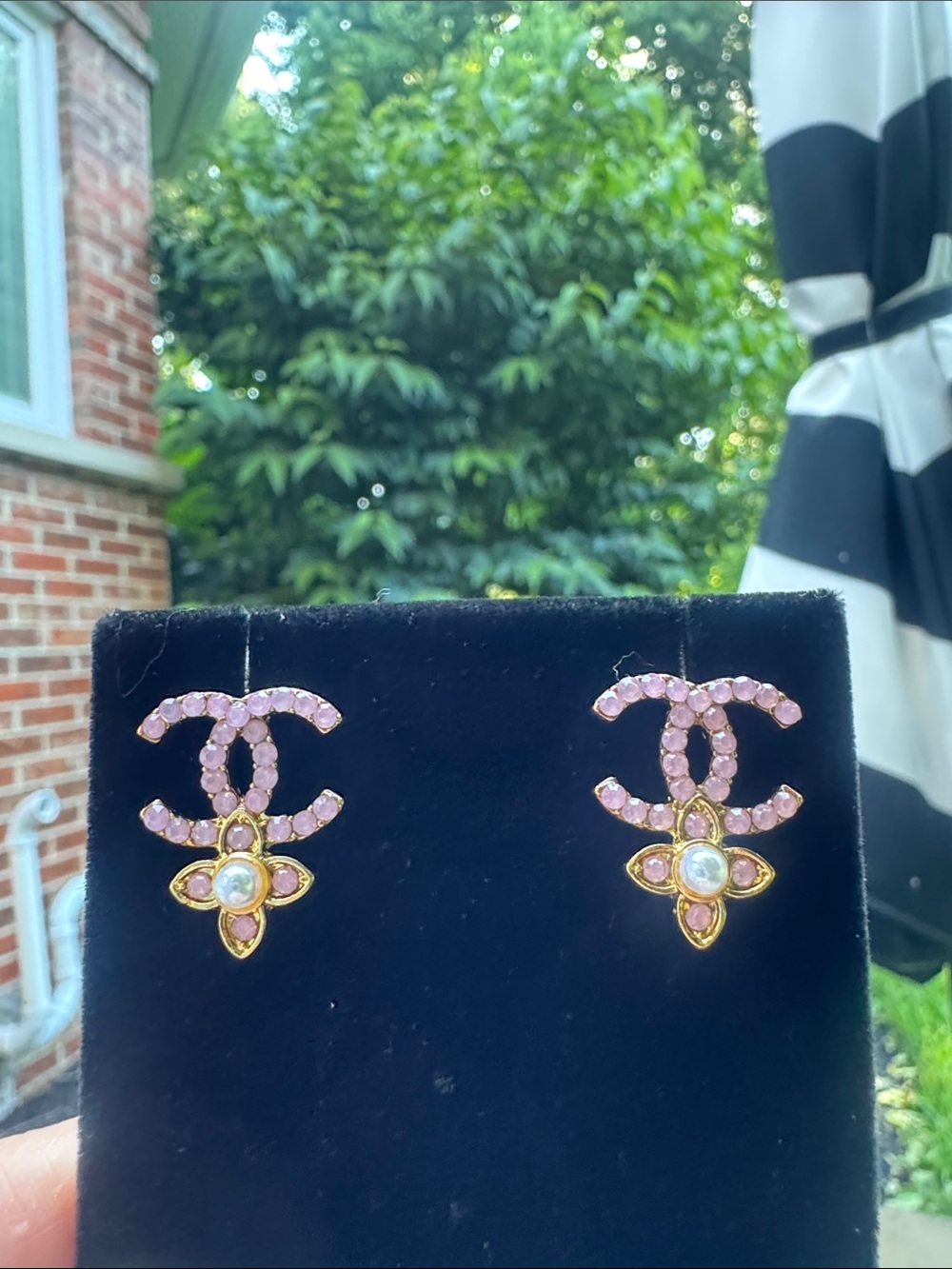Earrings  Pink Crystal CC Logo Drop Earrings with Pearl Accent